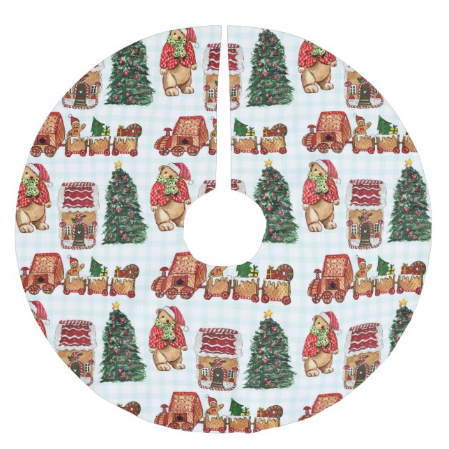 Whimsical christmas pattern with bears, trees, and brushed polyester tree skirt (Front)