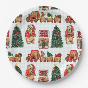 Whimsical christmas pattern with bears, trees, and paper plate