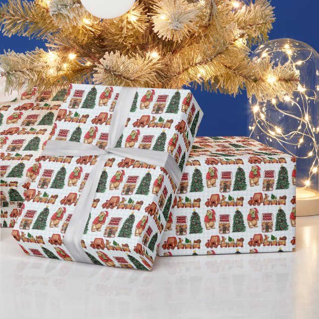 Whimsical christmas pattern with bears, trees, and wrapping paper (Holidays)