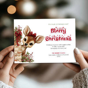Whimsical Christmas peeking baby deer greeting Holiday Card