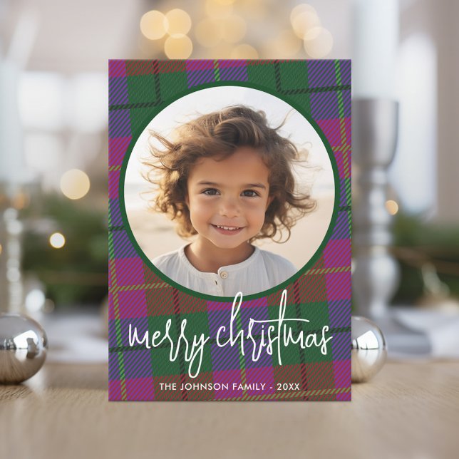 Whimsical Christmas Photo - Calligraphy and Plaid Holiday Card (Modern purple green plaid with a circle photo Christmas card.)