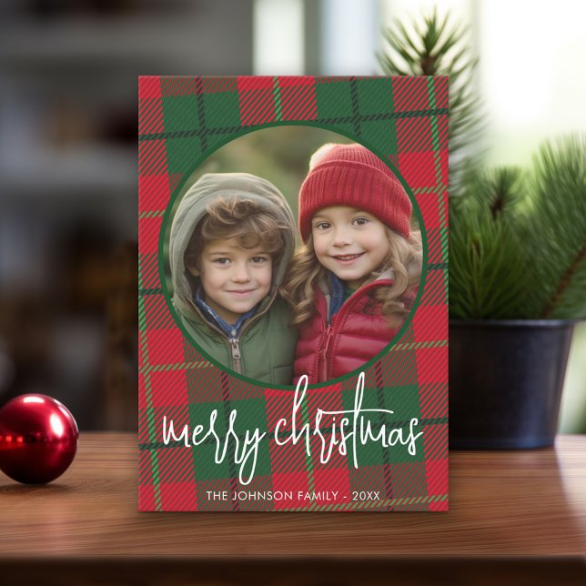 Whimsical Christmas Photo - Calligraphy and Plaid Holiday Card (Online Christmas Card - Print and Download Options)