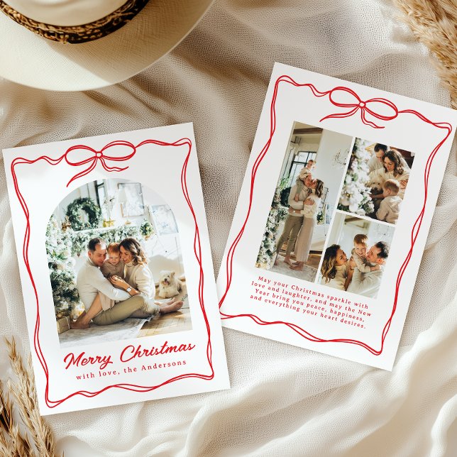 Whimsical Christmas Photo Hand-Drawn Bow Ribbon Holiday Card (Creator Uploaded)