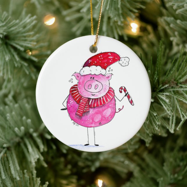 Whimsical Christmas Pig Ceramic Ornament (Tree)