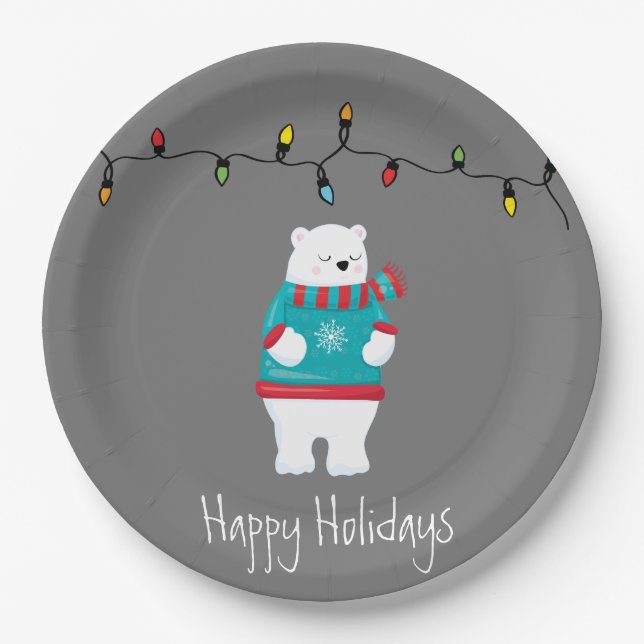 Whimsical Christmas Polar Bear Holiday Paper Plate (Front)