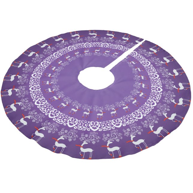 Whimsical Christmas Prancing Deer and Lace Purple Brushed Polyester Tree Skirt (Angled)