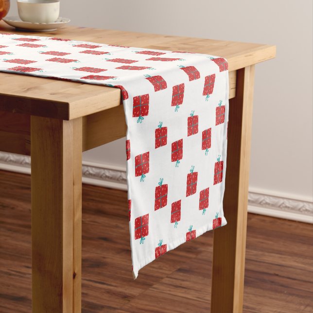 Whimsical Christmas Presents – Red & Teal Holiday  Short Table Runner (In Situ)