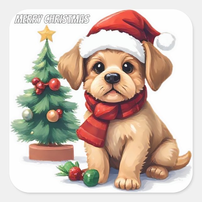 Whimsical Christmas Puppy Sticker | "Merry Christm (Front)