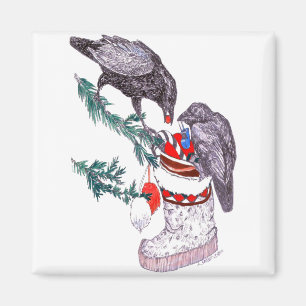 Whimsical Christmas Raven filling Stocking Magnet