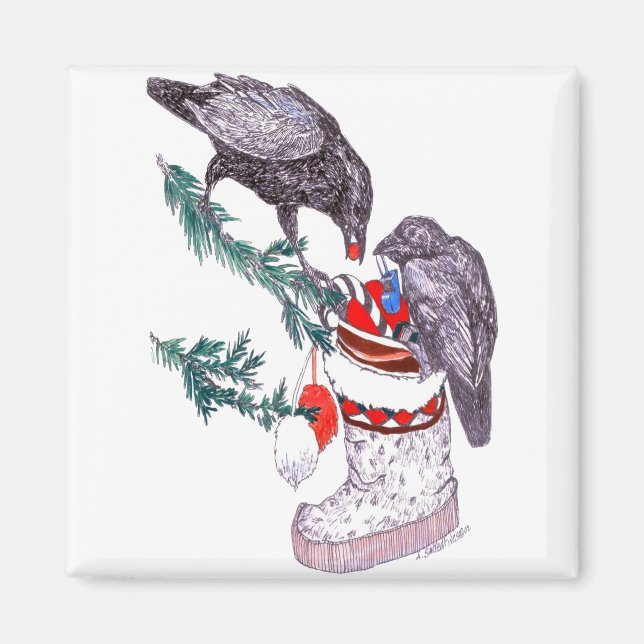 Whimsical Christmas Raven filling Stocking Magnet (Front)
