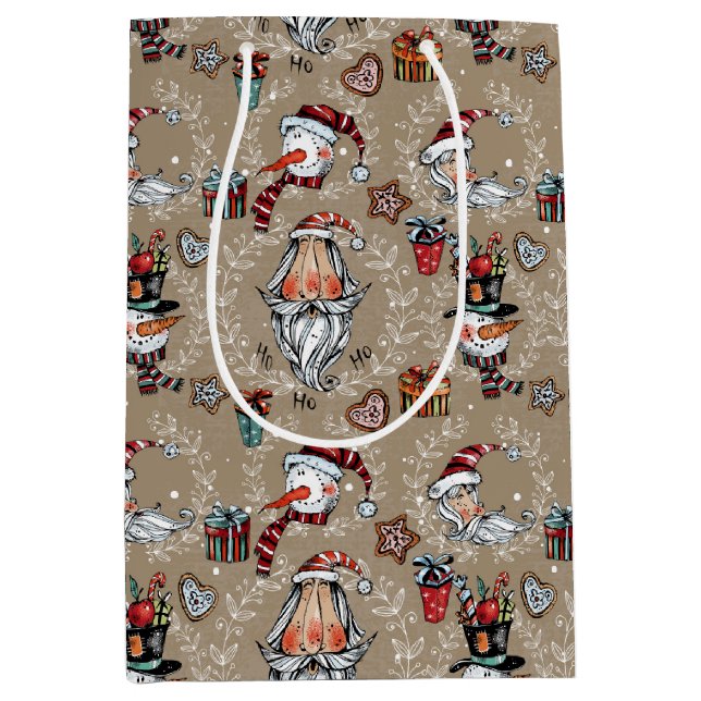 Whimsical Christmas Santa and Snowman  Medium Gift Bag (Front)