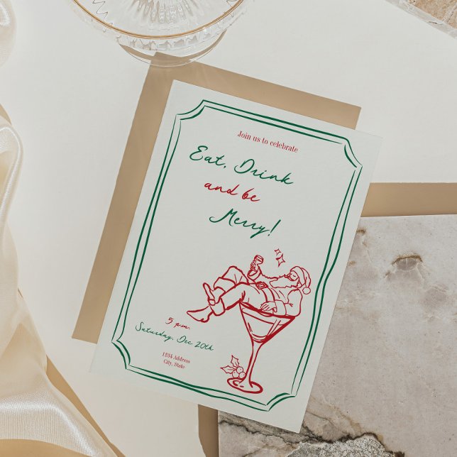 Whimsical Christmas Santa Martini Invitation (whimsical christmas invitation, santa martini invite, holiday cocktail party invitation, christmas p)