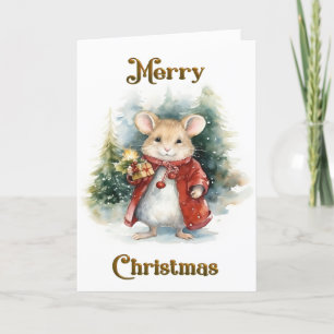 Whimsical Christmas Scene With Cute Mouse Card