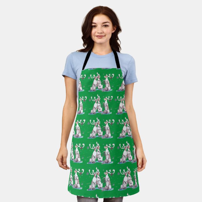 Whimsical Christmas Singing Caribou Design Kitchen Apron (Worn)