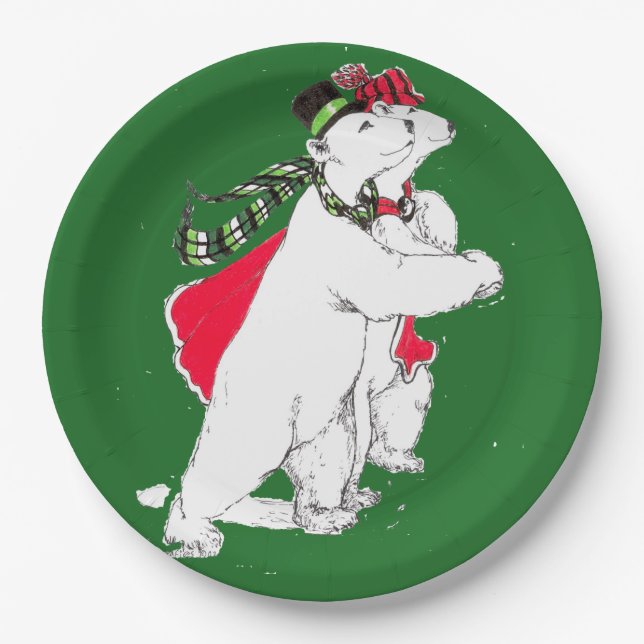 Whimsical Christmas Skating Polar Bear Designed Paper Plate (Front)