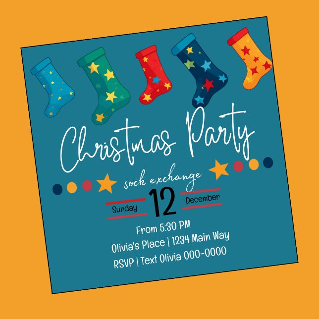 Whimsical Christmas Sock Exchange Party in Blue Invitation (Christmas Holiday sock exchange party invitation in blue with cute socks hanging ton top of card.)