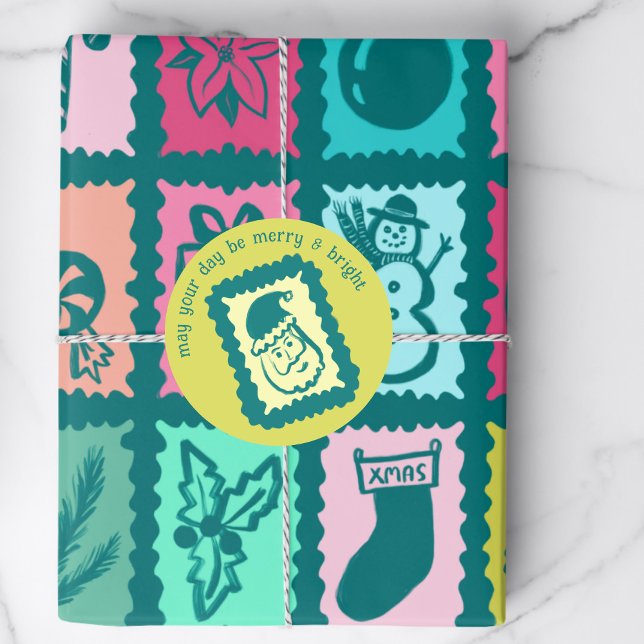 Whimsical Christmas Stamp Cute Custom Merry Bright Classic Round Sticker (Whimsical Christmas Stamp Cute Custom Merry Bright Santa Classic Round Sticker
)