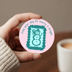 Whimsical Christmas Stamp Cute Custom Merry Bright Classic Round Sticker