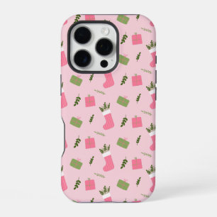 Whimsical Christmas Stockings Gifts Pattern Pink iPhone 16 Pro Case