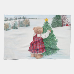 Whimsical Christmas Teddy Bear Winter Wonderland Tea Towel