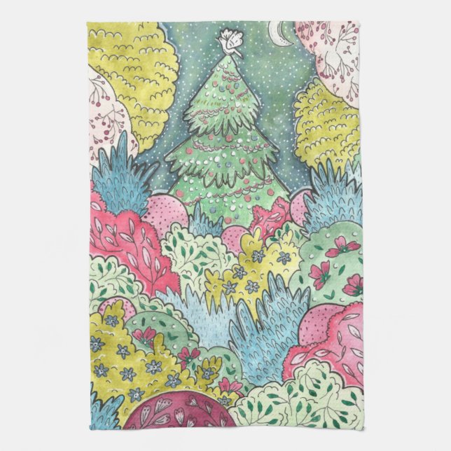 Whimsical Christmas Tree and Dove Painting Tea Towel (Vertical)