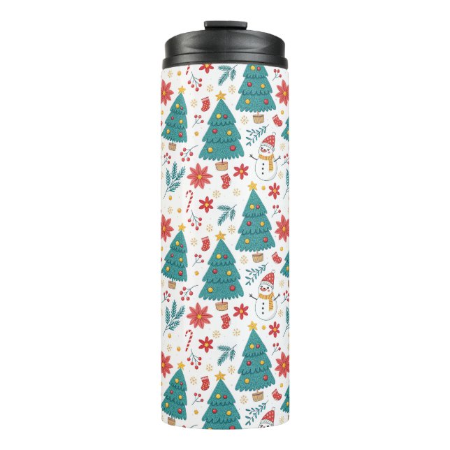 Whimsical Christmas Tree and Snowman Holiday Thermal Tumbler (Front)