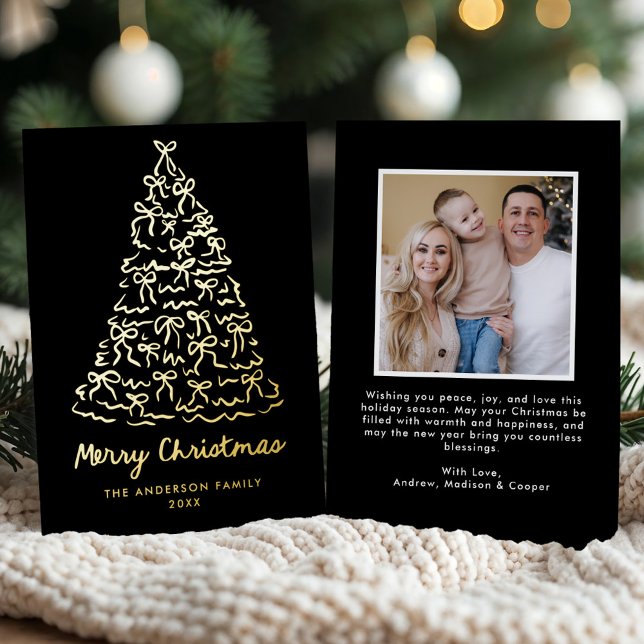 Whimsical Christmas Tree Bows Black Photo Foil Holiday Card (Creator Uploaded)
