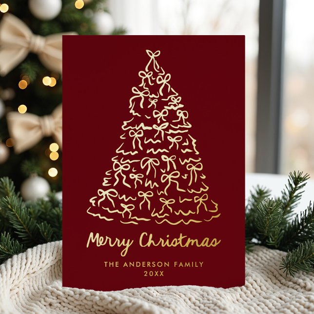 Whimsical Christmas Tree Bows Cranberry Non-Photo Foil Holiday Card (Creator Uploaded)