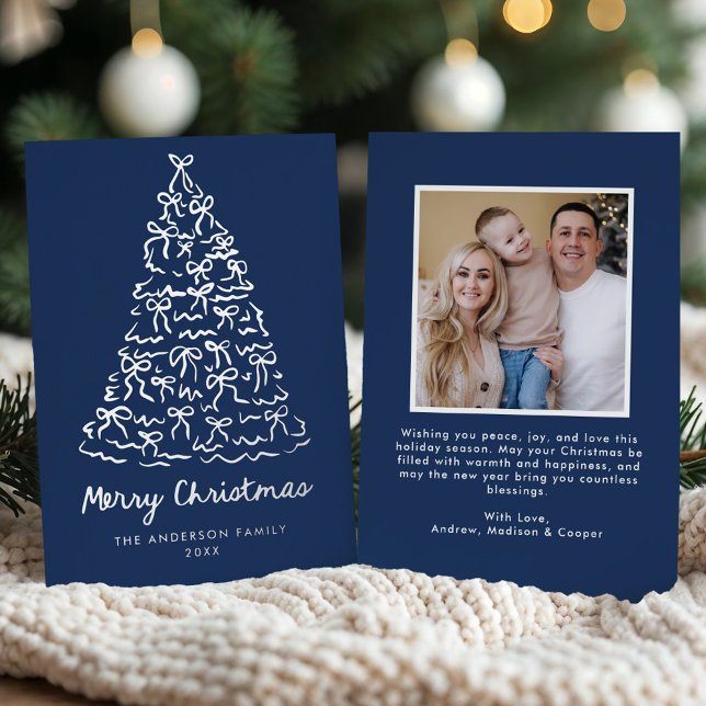 Whimsical Christmas Tree Bows Navy Photo Foil Holiday Card (Creator Uploaded)