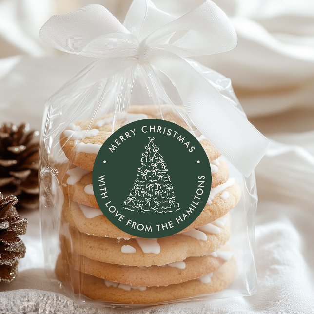 Whimsical Christmas Tree Bows Pine Green Christmas Classic Round Sticker (Creator Uploaded)