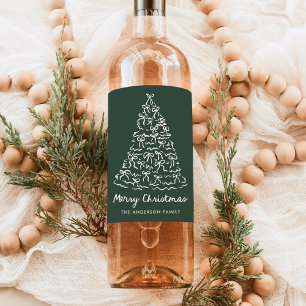 Whimsical Christmas Tree Bows Pine Green Holiday Wine Label