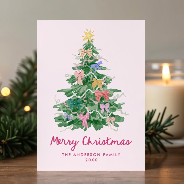 Whimsical Christmas Tree Bows Pink Non-Photo Holiday Card (Creator Uploaded)