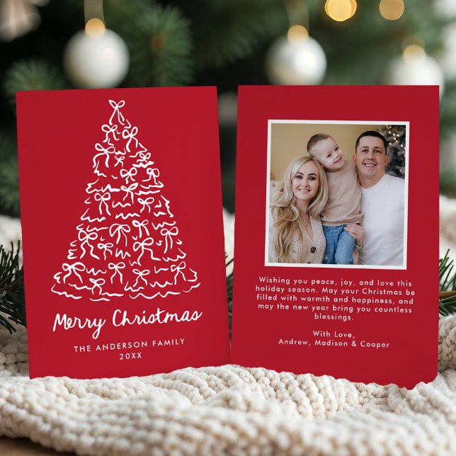 Whimsical Christmas Tree Bows Red Photo Holiday Card (Creator Uploaded)