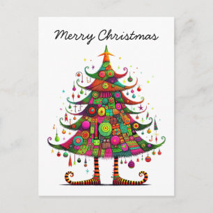 Whimsical Christmas Tree, Bright Colours, Holiday Postcard