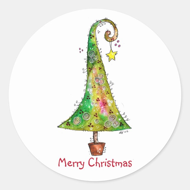 Whimsical Christmas Tree Classic Round Sticker (Front)