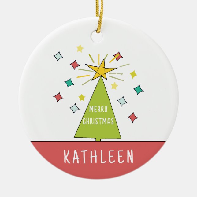 Whimsical Christmas tree Personalised Name Holiday Ceramic Ornament (Front)