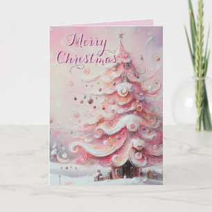 Whimsical Christmas Tree Pink Personalised Holiday Card