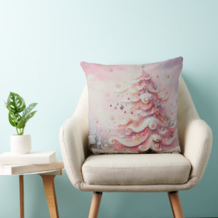 Whimsical Christmas Tree Pink White Swirls Cushion