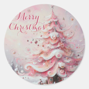 Whimsical Christmas Tree Pink White Swirls Snow Classic Round Sticker