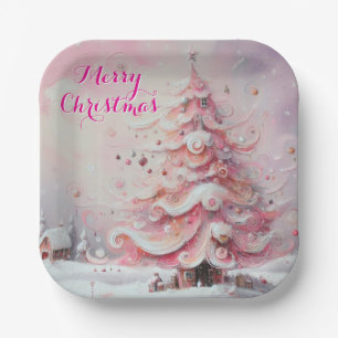 Whimsical Christmas Tree Pink White Swirls Snow Paper Plate