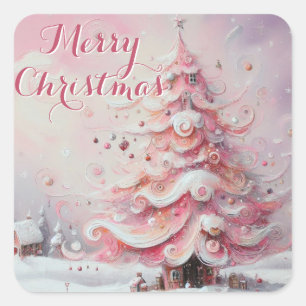 Whimsical Christmas Tree Pink White Swirls Snow Square Sticker
