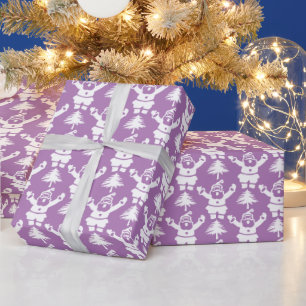 Whimsical Christmas Tree Santa Claus Purple White Wrapping Paper