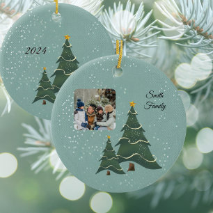 Whimsical Christmas Tree Scene Photo Ceramic Ornament