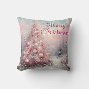 Whimsical Christmas Tree Seasonal Pink White Cushion
