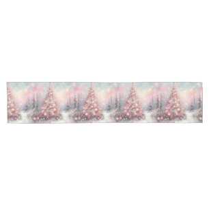 Whimsical Christmas Tree Seasonal Pink White Short Table Runner