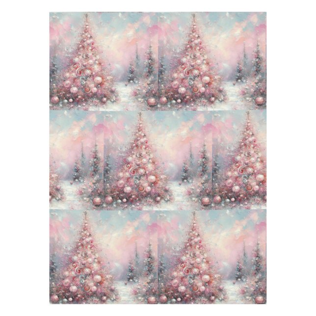 Whimsical Christmas Tree Seasonal Pink White Tablecloth (Front)