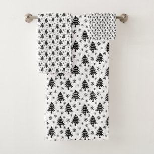 Whimsical Christmas Tree Snowflake Black White Bath Towel Set