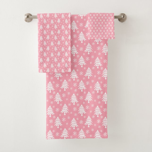 Whimsical Christmas Tree Snowflake Pink White Bath Towel Set (Insitu)