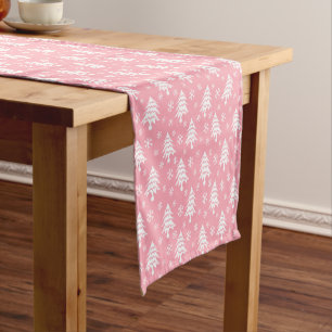 Whimsical Christmas Tree Snowflake Pink White Short Table Runner