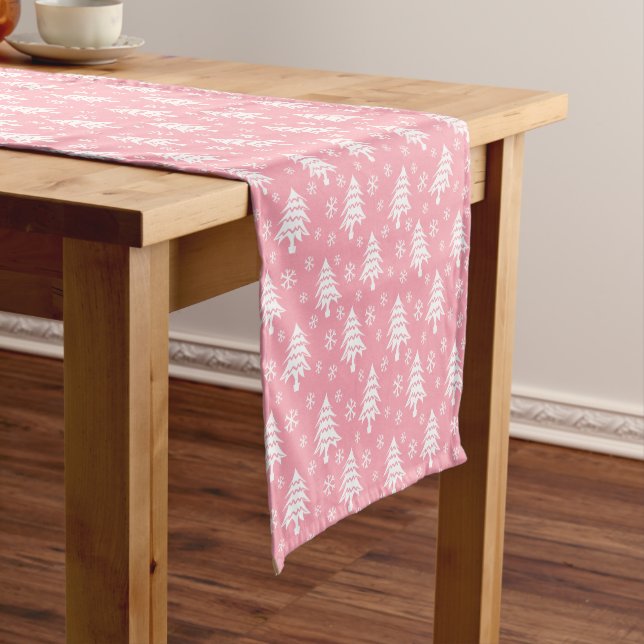 Whimsical Christmas Tree Snowflake Pink White Short Table Runner (In Situ)